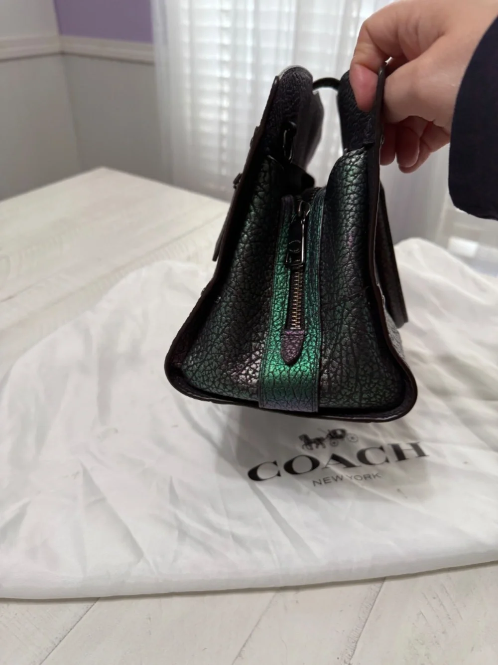 Coach Rogue Metallic Iridescent Purple Pebbled Leather Satchel
